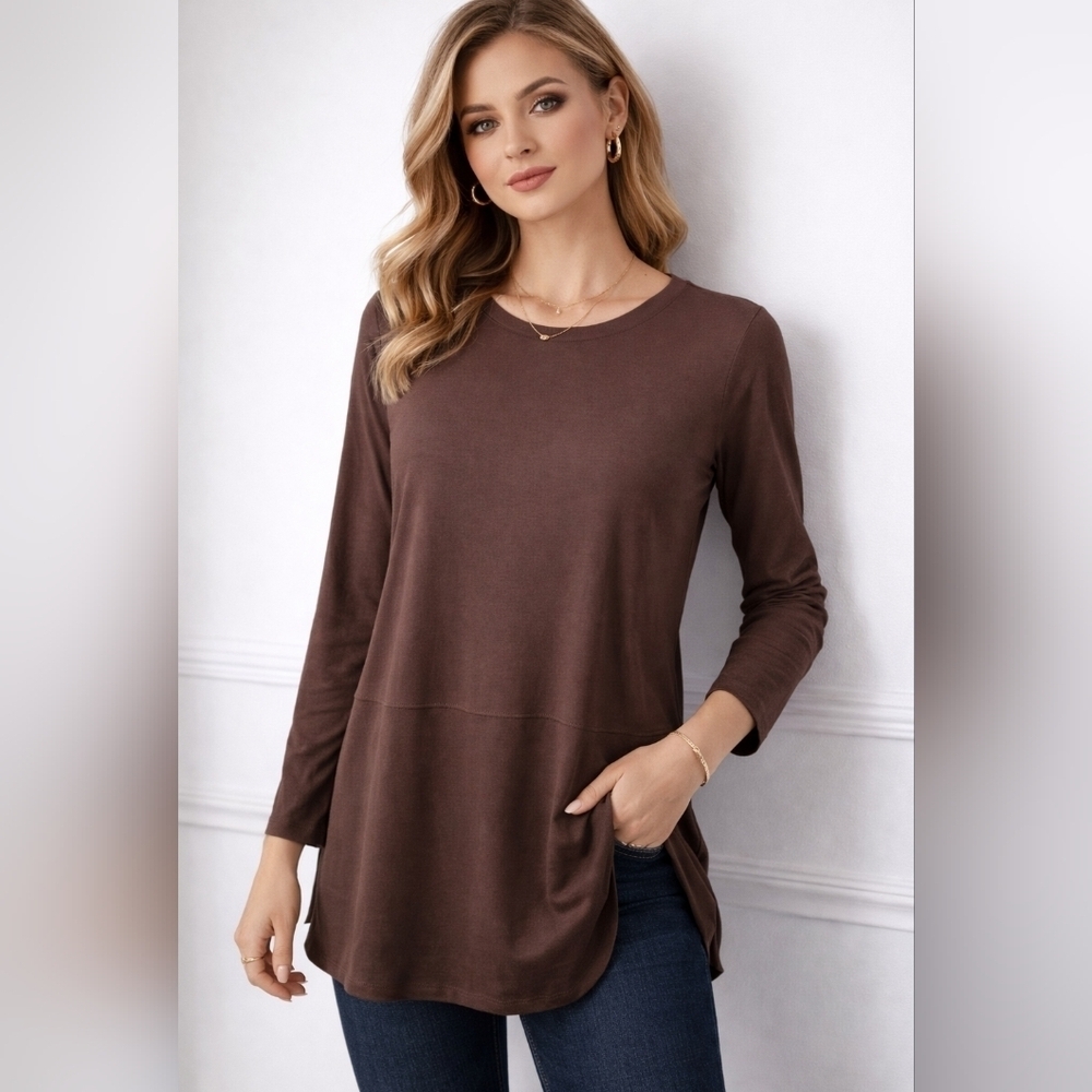 Eileen Fisher Brown Crewneck Long Sleeve Tunic Top with side slits size XS D33